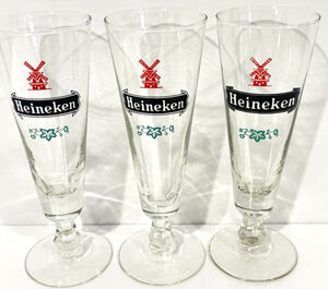 Vintage Heineken Fluted Pilsner Beer Glasses Red Windmill Lot of 3 Bier Stemmed
